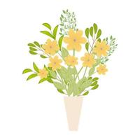 yellow flowers with leaves inside vase vector design