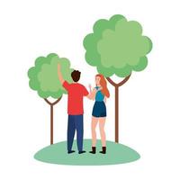 Woman and man avatar backwards at park with trees vector design