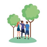 Women and man avatars at park with trees vector design