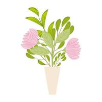 pink flowers with leaves inside vase vector design