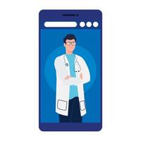 Doctor hombre trabajador con estetoscopio en diseño vectorial de smartphone vector