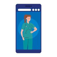 Doctora trabajadora con estetoscopio en diseño vectorial de smartphone vector