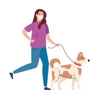 woman wearing medical mask, walking with pet dog on the leash on white background vector