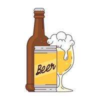 bottle with can and cup glass of beer on white background vector