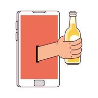 distant communication, hand holding bottle of beer through smartphone screen vector