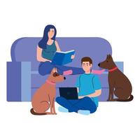 young couple reading book and using laptop sitting in couch with dogs vector