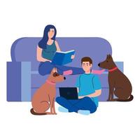 young couple reading book and using laptop sitting in couch with dogs vector