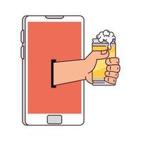 distant communication, hand holding can of beer through smartphone screen vector