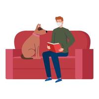 Hombre vestido con máscara médica libro de lectura, sentado en un sofá con perro mascota sobre fondo blanco. vector