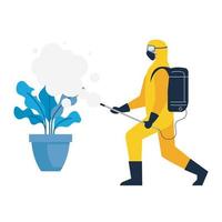 person in protective suit or clothing, spray to cleaning and disinfect virus in house plant, covid 19 disease on white background vector