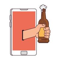 distant communication, hand holding bottle of beer through smartphone screen vector