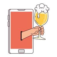 distant communication, hand holding cup glass of beer through smartphone screen vector