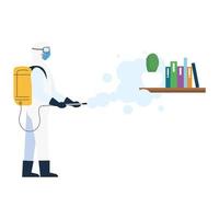 person in protective suit or clothing, spray to cleaning and disinfect virus in books on library, covid 19 disease on white background vector