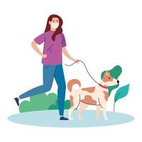 woman wearing medical mask, walking with pet dog on the leash in outdoor vector