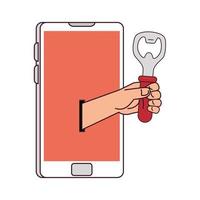 distant communication, hand holding a bottle opener through smartphone screen vector