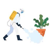 person in protective suit or clothing, spray to cleaning and disinfect virus in house plant, covid 19 disease on white background vector