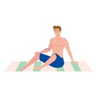 man in shorts, happy guy in swimsuit sitting on the towel vector