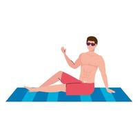 man in shorts, happy guy in swimsuit sitting on the towel vector