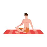 man in shorts, happy guy in swimsuit sitting on the towel vector