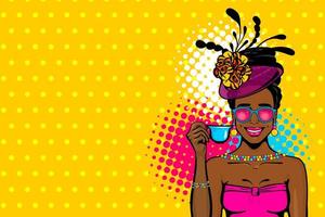 Black afro woman pop art drink tea vector