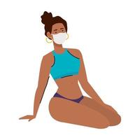 woman afro with swimsuit wearing medical mask, tourism with coronavirus, prevention covid 19 in summer season vector