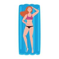 Mujer acostada sobre flotador inflable con traje de baño, temporada de vacaciones de verano vector