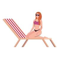 Mujer con traje de baño en silla de playa, temporada de vacaciones de verano vector