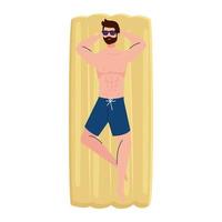 man in lying down on inflatable float in shorts, summer vacation season vector