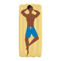 man afro in lying down on inflatable float in shorts, summer vacation season vector