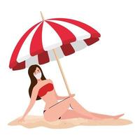 mujer con bañador con mascarilla médica, turismo con coronavirus, prevención covid 19 en la playa vector