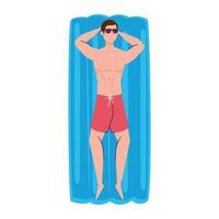 man in lying down on inflatable float in shorts, summer vacation season vector