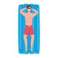 man in lying down on inflatable float in shorts, summer vacation season vector