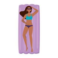 woman afro in lying down on inflatable float with swimsuit, summer vacation season vector