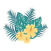 decoración de hibisco hermoso color amarillo, con ramas y hojas tropicales, botánica primavera verano vector