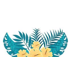 decoración de hibisco hermoso color amarillo, con ramas y hojas tropicales, botánica primavera verano vector