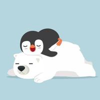 polar bear with little penguin sleeping on him vector