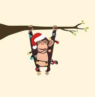 monkey with christmas hat climbing a tree branch vector