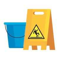 caution sign wet floor with plastic bucket tool, on white background vector