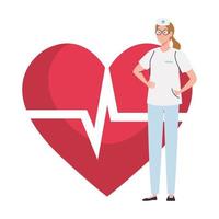 nurse with heart pulse on background vector