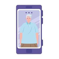 smartphone video call, old man in conference video call online vector