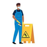 man afro worker of cleaning service wearing medical mask, with caution sign wet floor, on white background vector