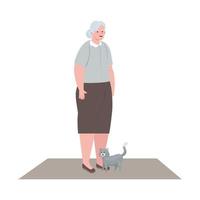 cute old woman with cat mascot, grandmother with cat mascot on white background vector