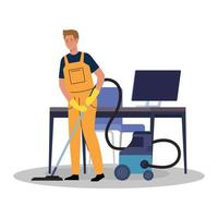 man worker of cleaning service with vacuum cleaner in the office, on white background vector