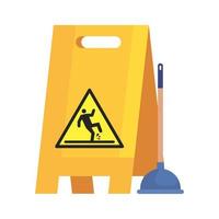 caution sign wet floor with toilet plunger, on white background vector