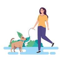young woman on a walk with a dog outdoor, on white background vector