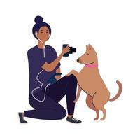 young photographer woman taking a photo to dog on white background vector