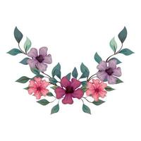 flowers purple, pink and lilac color with branches and leaves, on white background vector