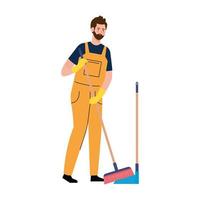 Hombre trabajador de servicio de limpieza, con recogedor de limpieza y escoba, sobre fondo blanco. vector