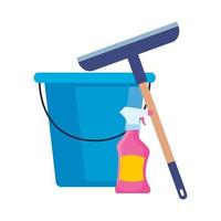 Servicio de limpieza, balde con herramientas de limpieza, sobre fondo blanco.