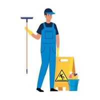 man worker of cleaning service, and cleaning tools on white background vector